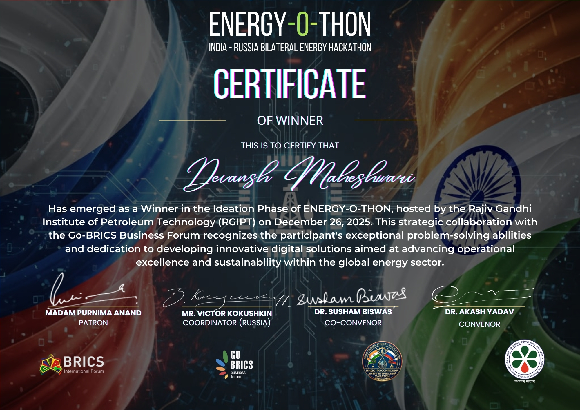 Energy-O-Thon Winner Certificate
